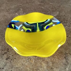 Glass Trinket Dish Yellow Blue White Abstract 4.5”